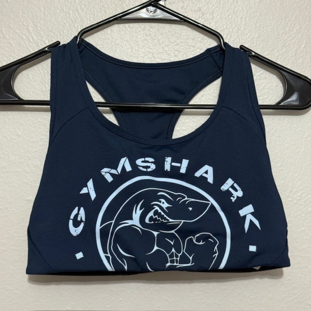 Gymshark Navy Blue Shark Graphic Racerback Sports Bra Size L - Picture 2 of 6